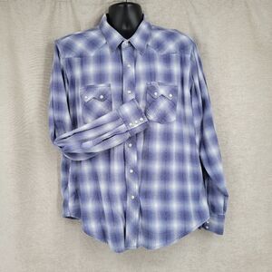 Wrangler Blue White Plaid Flannel Long Sleeve Western Pearl Snap Shirt Men's XL